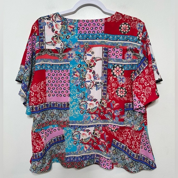 Chicos Patchwork Floral Paisley Peplum Flutter Sleeve Button Up Blouse - Picture 7 of 10